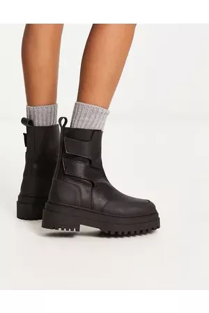 Selected Femme leather chunky boot with tabs in