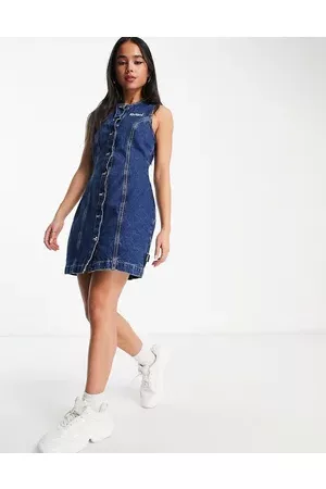 Kickers Button through mini dress with front logo in denim