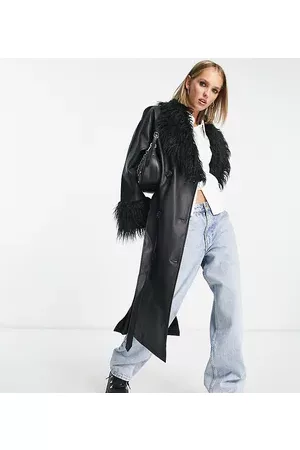 Urban Code Longline PU trench coat with faux shaggy fur collar in