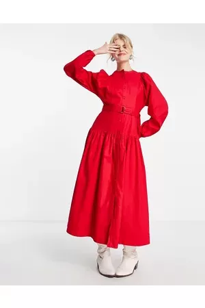 Whistles Cotton belted midi dress with balloon sleeve in bold
