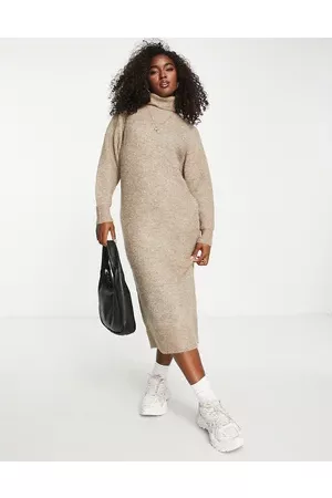 Pimkie Knitted roll neck midi dress in taupe