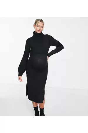 Mama Licious Mamalicious Maternity nursing roll neck 2 function knitted midi dress in