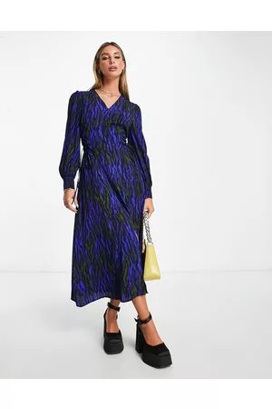 Whistles Tie front midi shirt dress in teal tiger print