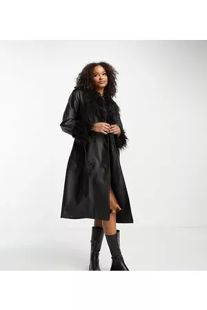 Urban Code Women Trench Coats - Longline pu trench coat with faux shaggy fur collar in