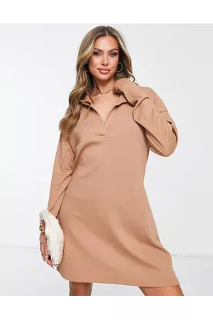 Missguided Ribbed collared mini dress in camel - CAMEL