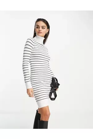 French Connection Roll neck striped knitted dress in white