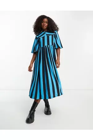 Pieces Oversized collar detail midi dress in blue & black stripe