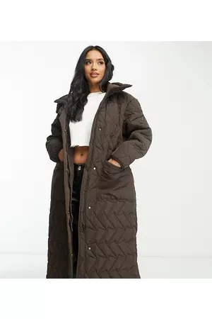 Urban Code Longline puffer coat with zigzag quilt in chocolate