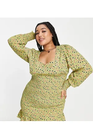 Daisy Street Square neck shirred mini dress in khaki ditsy