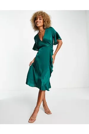 Ax Paris Ruffle wrap midi dress in emerald