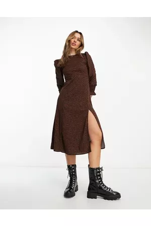 MANGO Women Casual Dresses - A-line long sleeve midi dress with side split in burgundy spot
