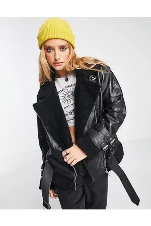 Bolongaro Women Leather Jackets - Shearling trim classic leather aviator jacket in