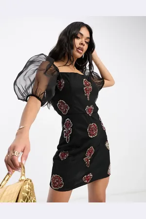 Lace & Beads Exclusive sheer puff sleeve bodycon mini dress in mixed applique