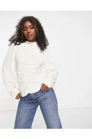 Morgan Women Long Sleeve - High neck ruched detail volume sleeve top in cream