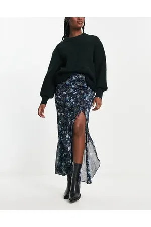Free People Tie-side detail floral print boho maxi skirt in ink blue
