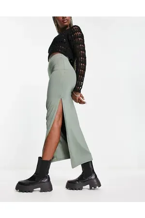 Bershka Ribbed midaxi skirt in khaki