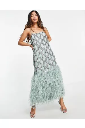 ASOS Women Casual Dresses - Geo sequin cutwork midi dress with faux feather hem in seafoam
