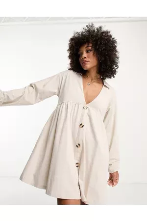 ASOS Long sleeve mini smock dress with buttons in stone