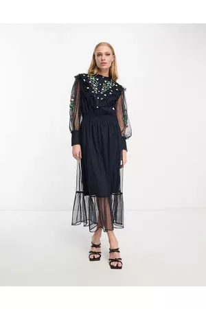 French Connection Women Casual Dresses - Mesh maxi dress with embroidery in navy
