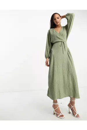ASOS Women Casual Dresses - Textured crinkle wrap midi dress with tie side in khaki