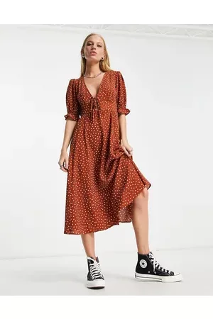 ASOS Tie Front Chuck On Midi Tea Dress in Rust and Ivory Spot