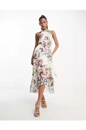 Lipsy London Women Halterneck Dresses - Halterneck midi dress with wrap skirt in floral print