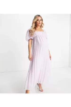 ASOS ASOS DESIGN Maternity puff sleeve pleated dobby midi dress with scallop trim in lavender