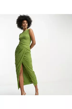 ASOS Women Midi Dresses - ASOS DESIGN Tall high neck textured midi dress in khaki green
