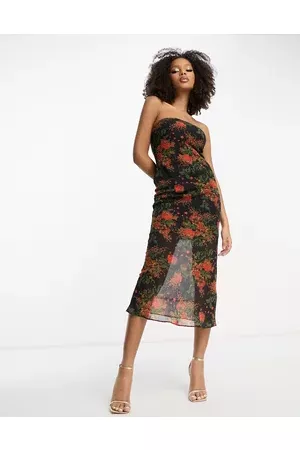 ASOS Women Printed Dresses - Chiffon bandeau midi dress in grunge floral