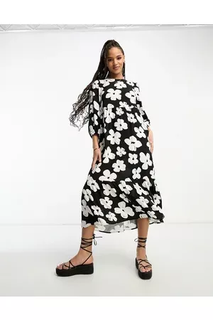 New Look High neck puff sleeve smock midi dress in floral