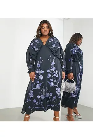 ASOS Women Printed Dresses - Curve batwing chiffon midi dress with floral embroidery in petrol blue