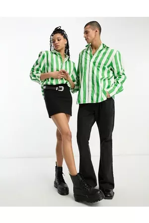 IIQUAL Unisex boxy shirt in white & green stripe