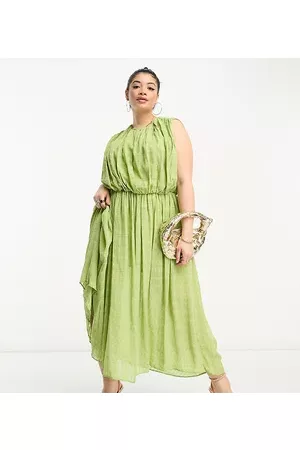 ASOS Women Midi Dresses - ASOS DESIGN Curve gathered textured high low midi dress in pistachio