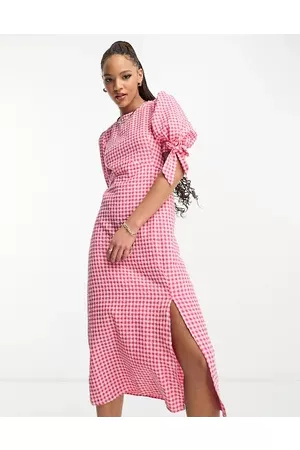 Nobody's Child Esme tie sleeve midi dress in pink and gingham
