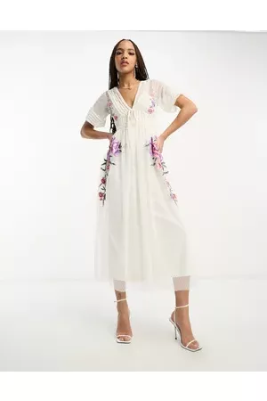 ASOS Embroidered short sleeve midi dress with dobby mesh in ivory