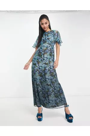 ASOS Angel sleeve midi tea dress in floral dip dye print