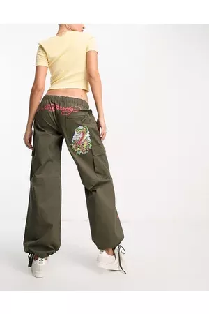 ED HARDY Women Cargo Pants - Low rise cargo trousers with dragon embroidery in olive