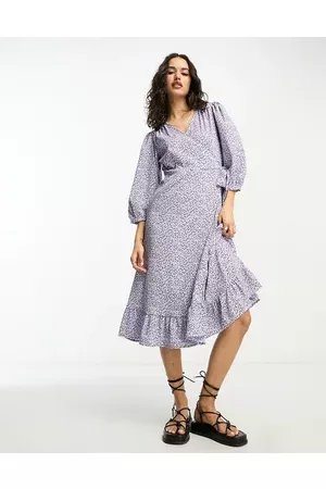 ONLY Puff sleeve wrap midi dress in lilac & ditsy floral