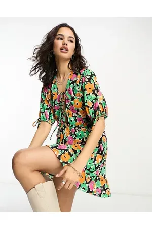 ONLY Women Casual Dresses - Puff sleeve v neck tie detail mini dress in multi floral