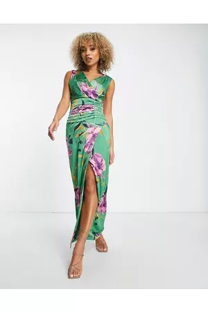 Liquorish Women Printed Dresses - Satin wrap front maxi dress in overscale green and purple floral