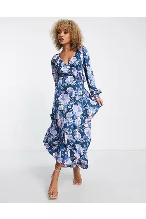 Liquorish Women Printed Dresses - Wrap front maxi dress with frill detail in dark floral
