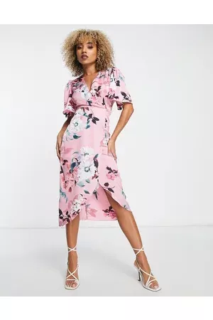Liquorish Satin wrap front midaxi dress in dusky floral