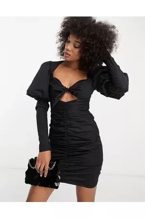ASOS Women Casual Dresses - ASOS LUXE twist bust puff sleeve ruched poplin mini dress in black