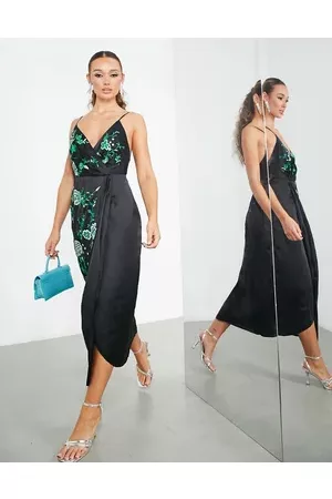 ASOS Women Printed Dresses - Satin drape side cami midi dress with floral embroidery in
