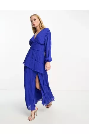 ASOS Pleated midi dress with a belt in cobalt
