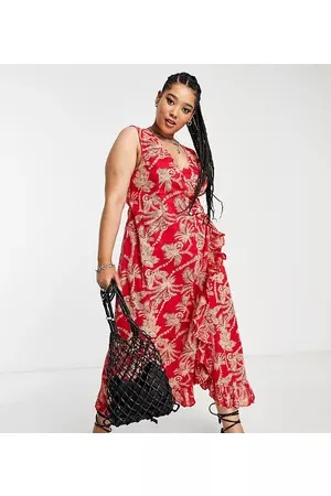 ASOS Women Casual Dresses - ASOS DESIGN Curve crinkle wrap midi sundress with buckle in red palm