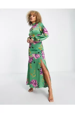 Liquorish Women Printed Dresses - Satin maxi dress with collar detail in overscale green and purple floral