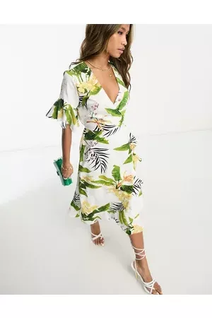 Ax Paris Women Party Dresses - Flutter sleeve wrap midi dress in floral