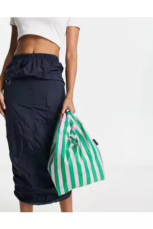 Baggu Mini nylon shopper tote bag in pink green awning stripe