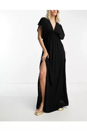 ASOS Women Maxi Dresses - Fuller Bust flutter sleeve maxi beach dress with channelled tie waist in